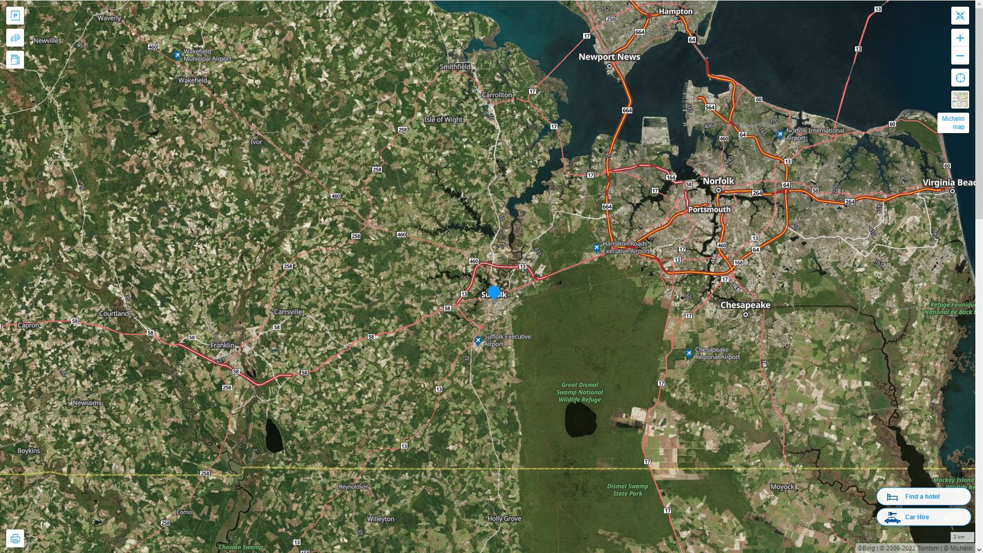 Suffolk Virginia Highway and Road Map with Satellite View